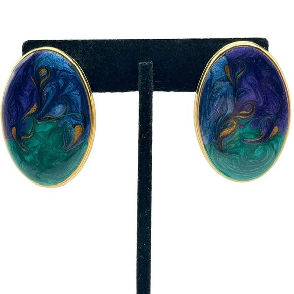 Vintage‎ Mixed Ocean Swirl Shimmer Earrings Gold Tone Statement Posts Oversized - Picture 1 of 4